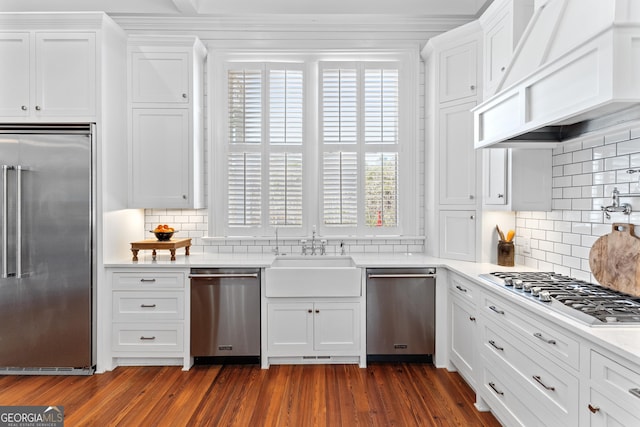 kitchen with custom exhaust hood, backsplash, sink, appliances with stainless steel finishes, and dark hardwood / wood-style flooring