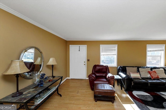 living room featuring light wood-type flooring, a wealth of natural light, and crown molding