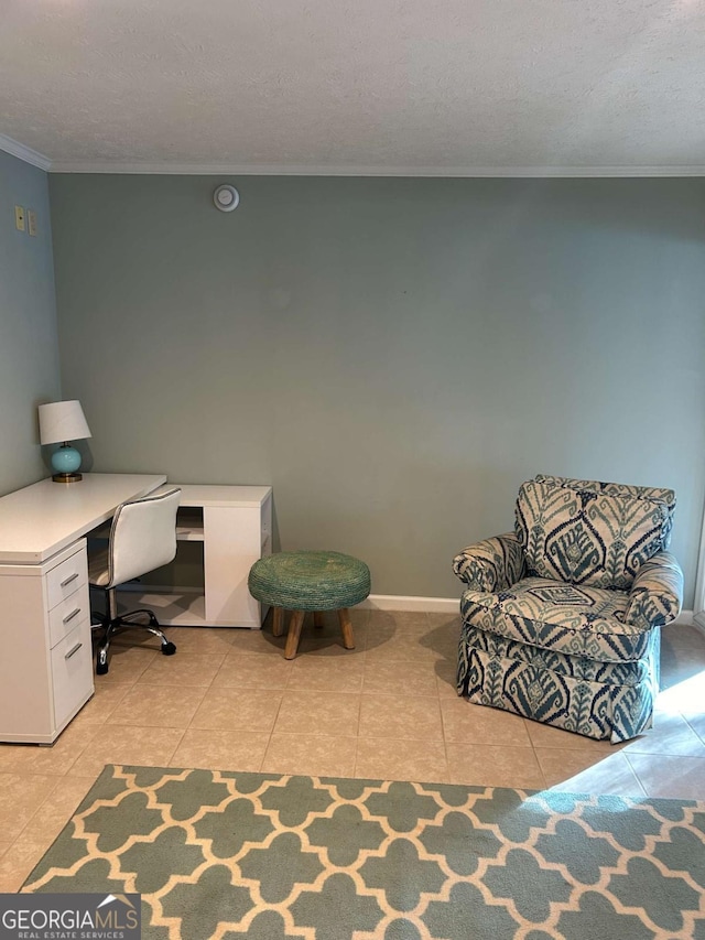 tiled office featuring a textured ceiling and crown molding