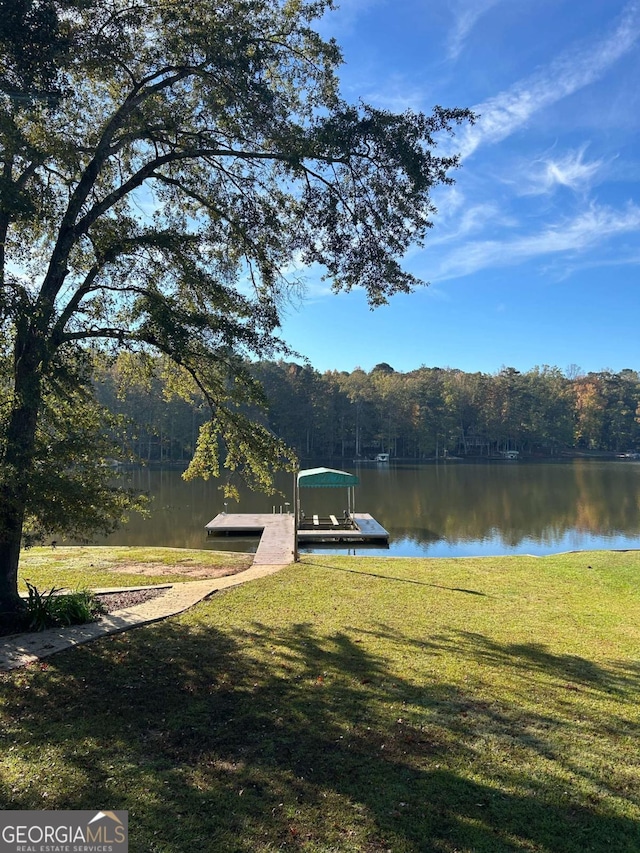 dock area with a lawn and a water view