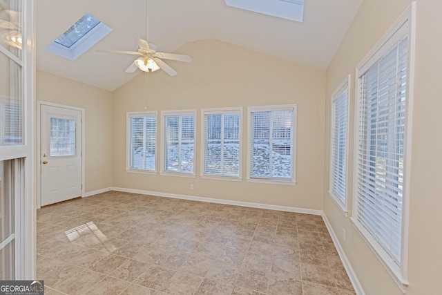 interior space featuring lofted ceiling with skylight and ceiling fan