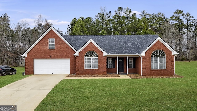 ranch-style home with a garage and a front lawn