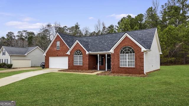 view of front of property with a front yard and a garage