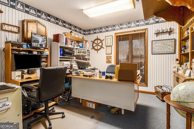 carpeted office space featuring a textured ceiling