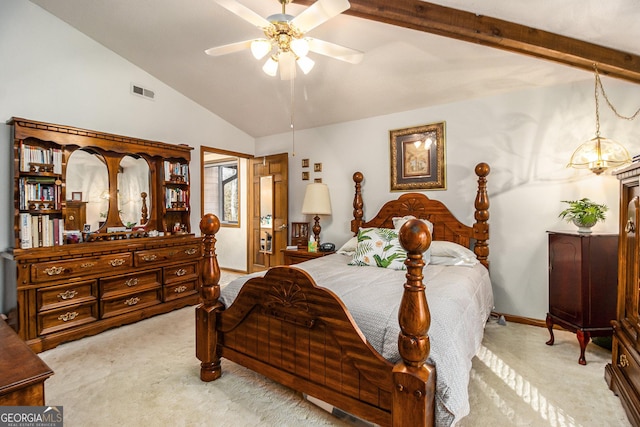 bedroom with ceiling fan, light colored carpet, and vaulted ceiling