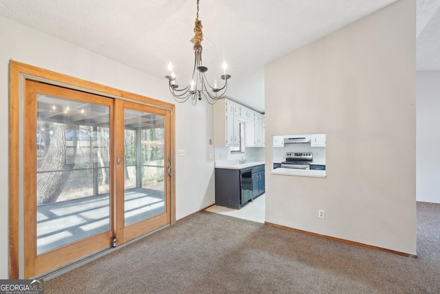 kitchen featuring stainless steel range with electric stovetop, white cabinetry, a notable chandelier, light colored carpet, and pendant lighting