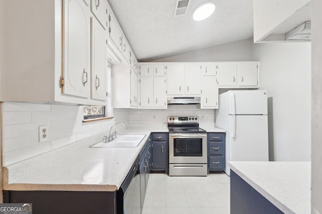 kitchen featuring electric stove, vaulted ceiling, white fridge, black dishwasher, and white cabinetry