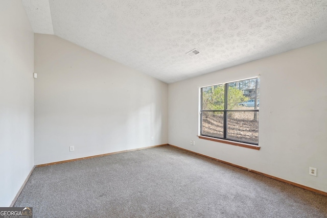 empty room with vaulted ceiling, carpet flooring, and a textured ceiling