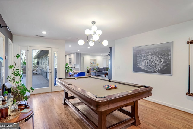 recreation room with pool table and light wood-type flooring