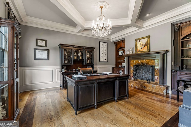 office featuring beam ceiling, crown molding, and coffered ceiling