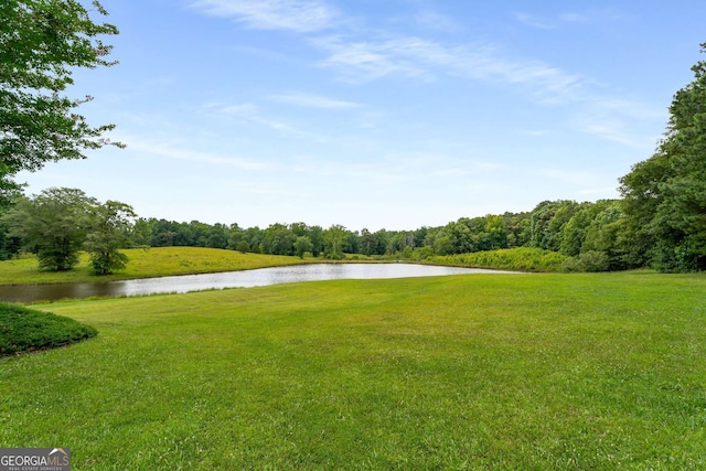 view of home's community with a lawn and a water view