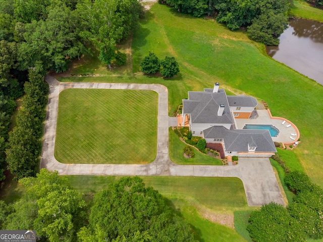 aerial view featuring a water view