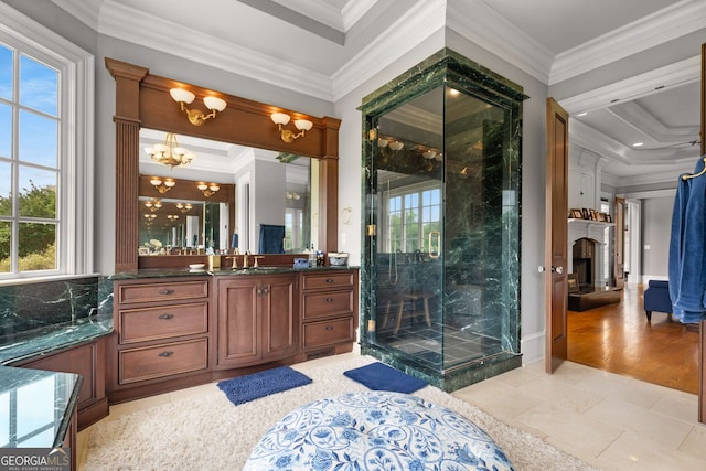 bathroom with ornamental molding and a wealth of natural light