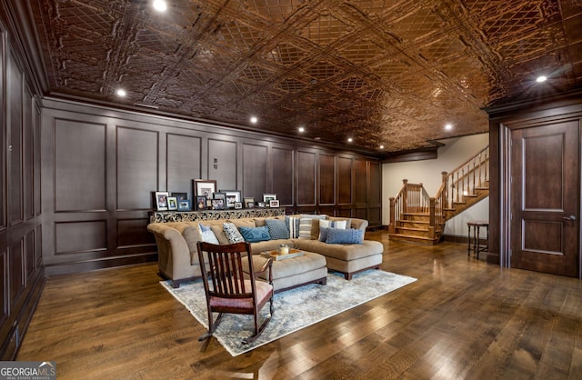 living room with dark wood-type flooring