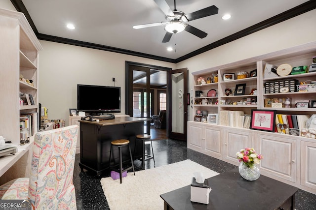 interior space featuring crown molding and ceiling fan