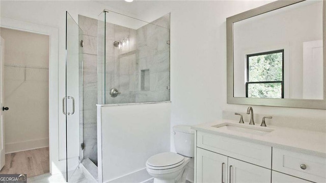 bathroom with vanity, an enclosed shower, and toilet