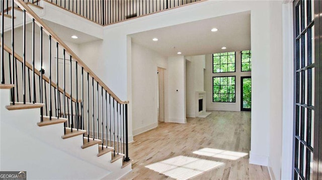 foyer featuring light hardwood / wood-style floors and a towering ceiling