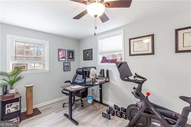 home office with ceiling fan, light wood-type flooring, and a wealth of natural light