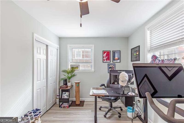 office space featuring ceiling fan and light hardwood / wood-style flooring