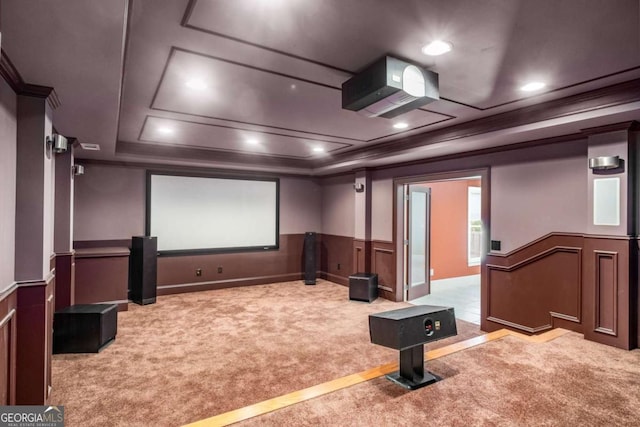 cinema with carpet floors and ornamental molding