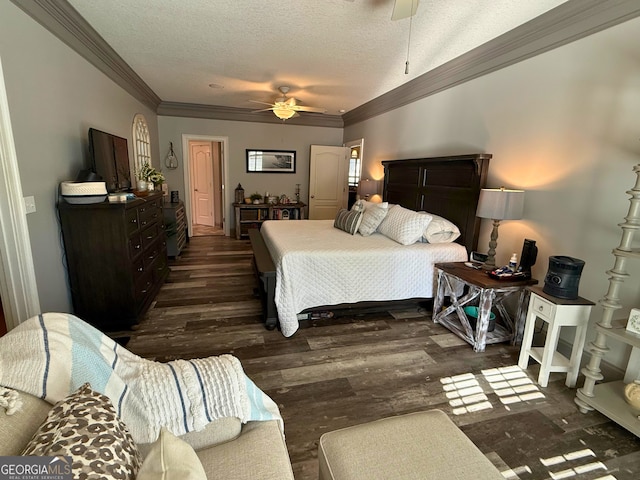 bedroom featuring a textured ceiling, ceiling fan, crown molding, and dark wood-type flooring