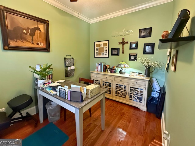 office featuring hardwood / wood-style floors and crown molding