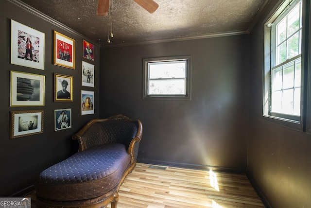 sitting room featuring a textured ceiling, ornamental molding, and a wealth of natural light