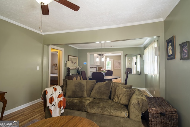 living room featuring a textured ceiling, ceiling fan, and wood-type flooring