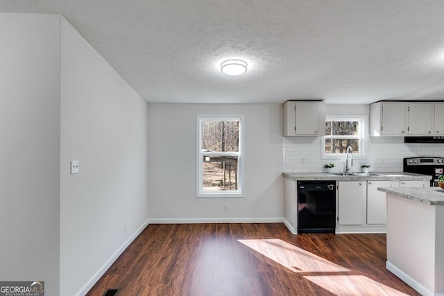 kitchen with dark wood finished floors, dishwasher, backsplash, stainless steel electric stove, and a sink