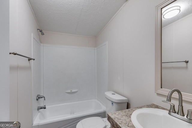 full bath with vanity, a textured ceiling, toilet, and shower / bathtub combination