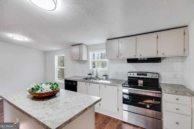 kitchen featuring black dishwasher, electric stove, dark wood-style flooring, under cabinet range hood, and a sink