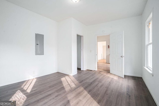 spare room with electric panel and dark wood-type flooring