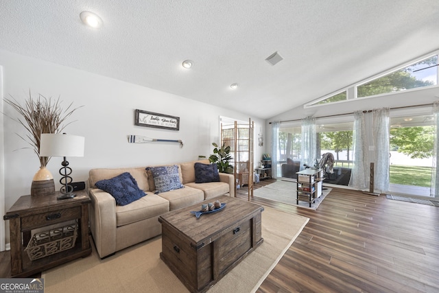 living room with lofted ceiling, a textured ceiling, and hardwood / wood-style flooring