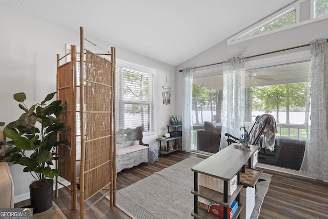 sitting room with lofted ceiling, ceiling fan, and dark hardwood / wood-style floors