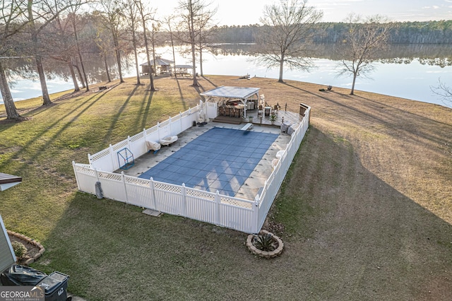 view of pool featuring a gazebo, a water view, a diving board, and a lawn