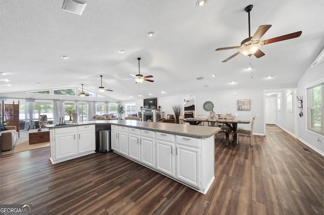 kitchen with a textured ceiling, vaulted ceiling, dark hardwood / wood-style floors, white cabinets, and ceiling fan