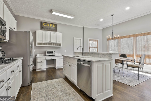 kitchen featuring ornamental molding, appliances with stainless steel finishes, dark wood-style flooring, and a sink