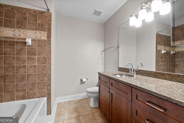 full bathroom with shower / tub combination, tile patterned flooring, vanity, and toilet