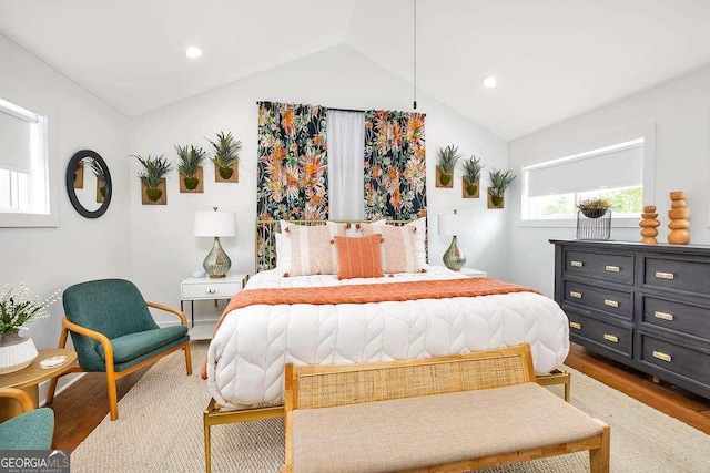 bedroom with lofted ceiling and wood-type flooring