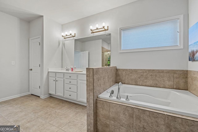 bathroom featuring tile patterned flooring, plus walk in shower, and vanity