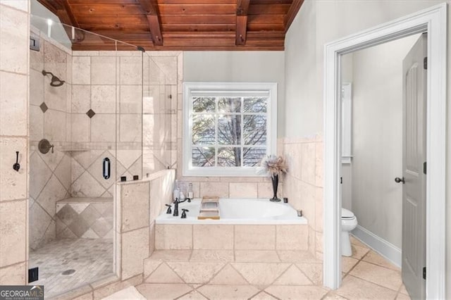 bathroom with toilet, plus walk in shower, lofted ceiling with beams, and wooden ceiling