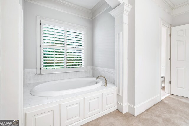 bathroom featuring toilet, ornamental molding, and a bathtub