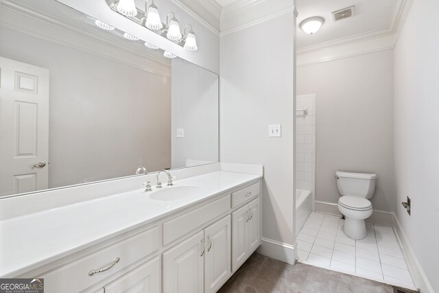 full bathroom featuring toilet, shower / tub combination, tile patterned flooring, crown molding, and vanity