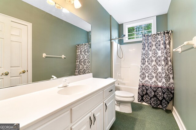 full bathroom with toilet, vanity, and shower / bathtub combination with curtain