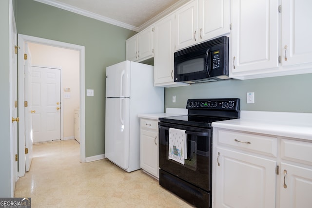 kitchen featuring crown molding, a textured ceiling, black appliances, and white cabinetry