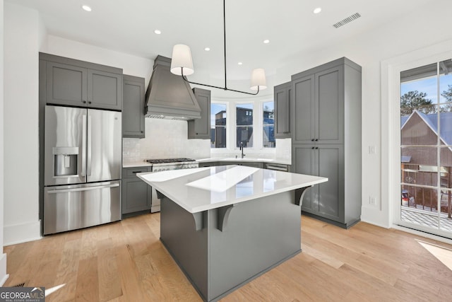 kitchen with light hardwood / wood-style flooring, a center island, custom range hood, decorative backsplash, and appliances with stainless steel finishes