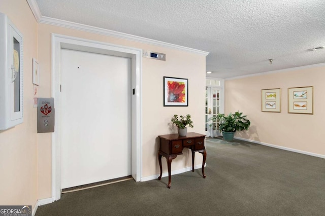 corridor with dark carpet, a textured ceiling, ornamental molding, and elevator