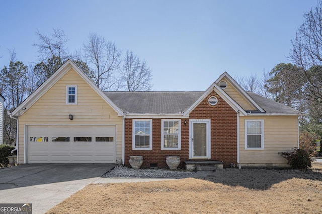 view of front facade with roof with shingles, brick siding, crawl space, and aphalt driveway