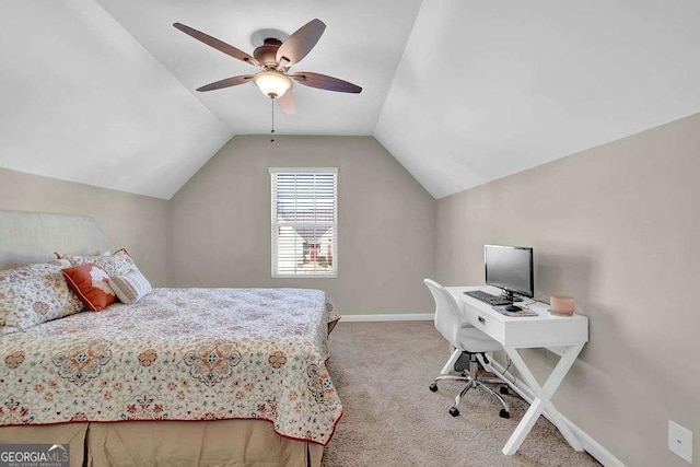 carpeted bedroom featuring vaulted ceiling and ceiling fan