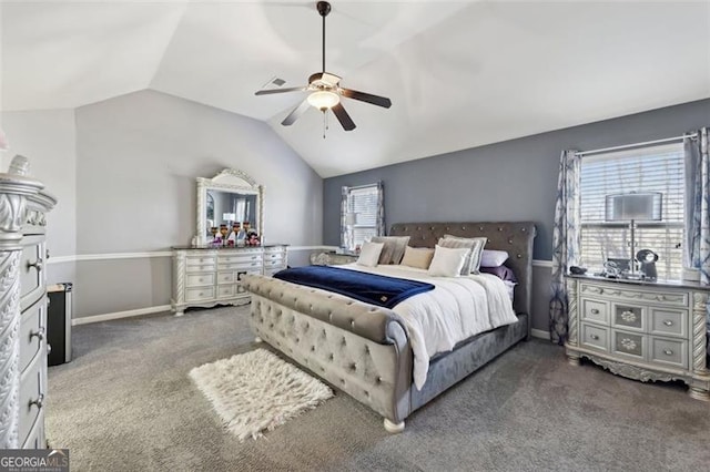 carpeted bedroom with lofted ceiling and ceiling fan